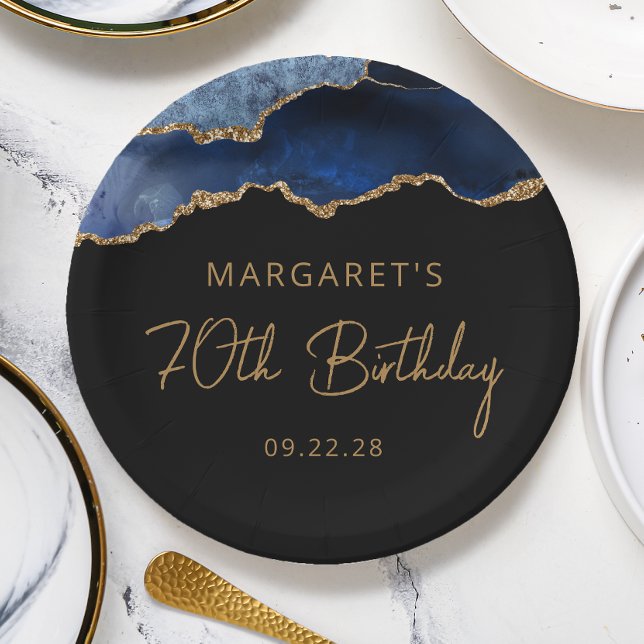 Assiettes En Carton Chic Agate Navy Blue Gold 70e fête d'anniversaire (Créateur téléchargé)