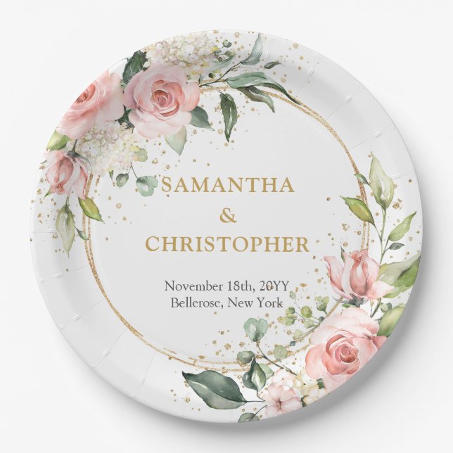 Assiettes En Carton Chic aquarelle fleurs rousses eucalyptus or (Devant)