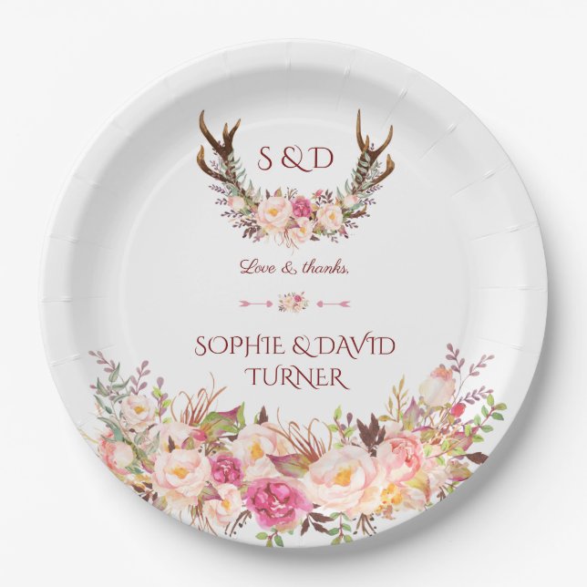 Assiettes En Carton Chic Aquarelle Rose Blush Floral Cerf Mariage (Devant)