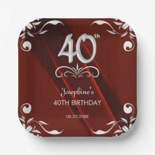 Assiettes En Carton Chic Argent Cadre Floral Bourgogne 40e anniversair