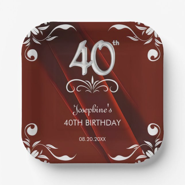 Assiettes En Carton Chic Argent Cadre Floral Bourgogne 40e anniversair (Recto)