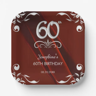 Assiettes En Carton Chic Argent Cadre Floral Bourgogne 60e anniversair