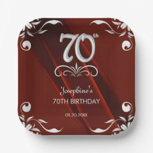 Assiettes En Carton Chic Argent Cadre Floral Bourgogne 70e anniversair