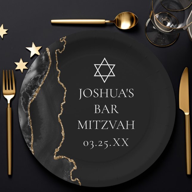 Assiettes En Carton Chic Black Gold Agate Bar Mitzvah Party (Créateur téléchargé)