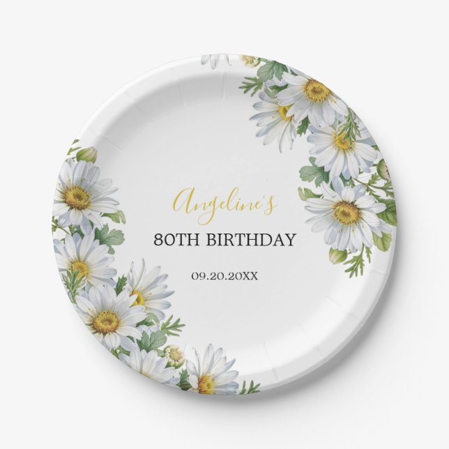 Assiettes En Carton Chic blanc marguerite verdure fleurie Anniversaire (Devant)