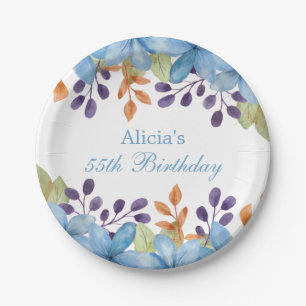 Assiettes En Carton Chic Bleu Flore Aquarelle N'Importe Quel Âge Anniv