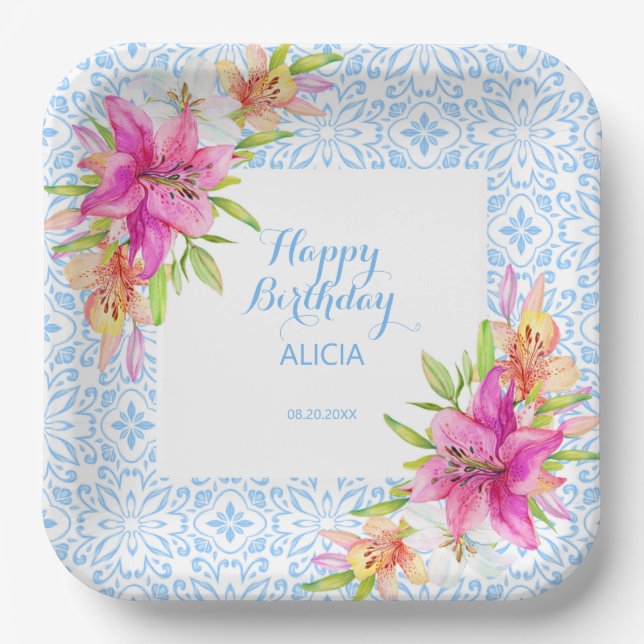 Assiettes En Carton Chic bleu portugais Azulejo Mosaic Lily Anniversai (Recto)