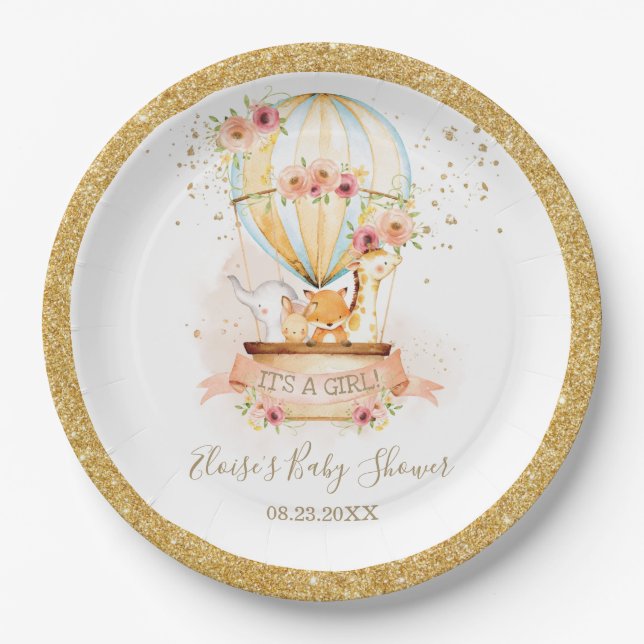 Assiettes En Carton Chic Blush Floral Hot Air Balloon Bébé Animaux (Devant)