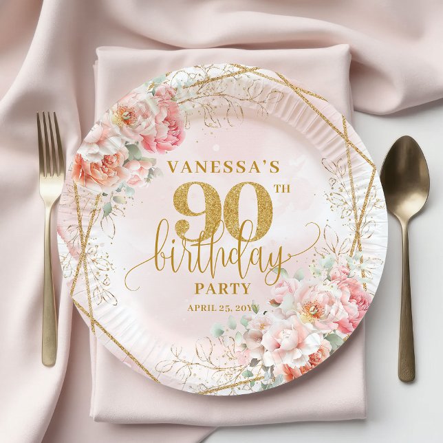 Assiettes En Carton Chic Blush Pink Floral Gold Frame 90th Birthday  (Chic Blush Pink Floral Gold Frame 90th Birthday Plates)