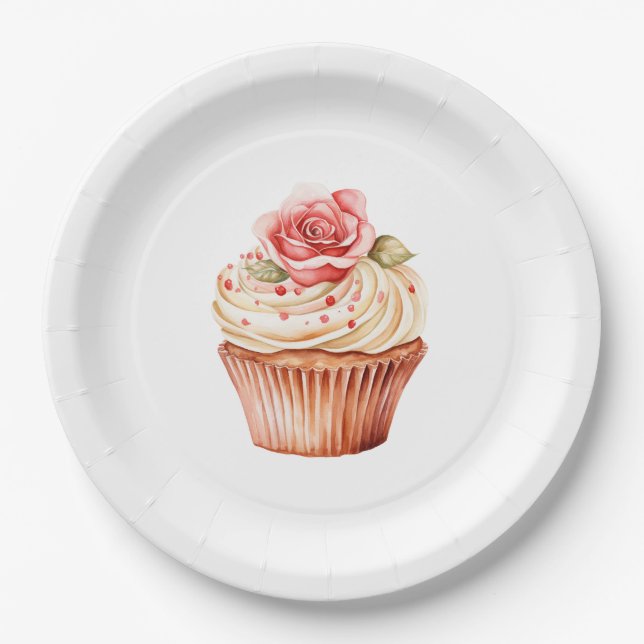 Assiettes En Carton Chic Blush Rose Cupcake Anniversaire (Devant)
