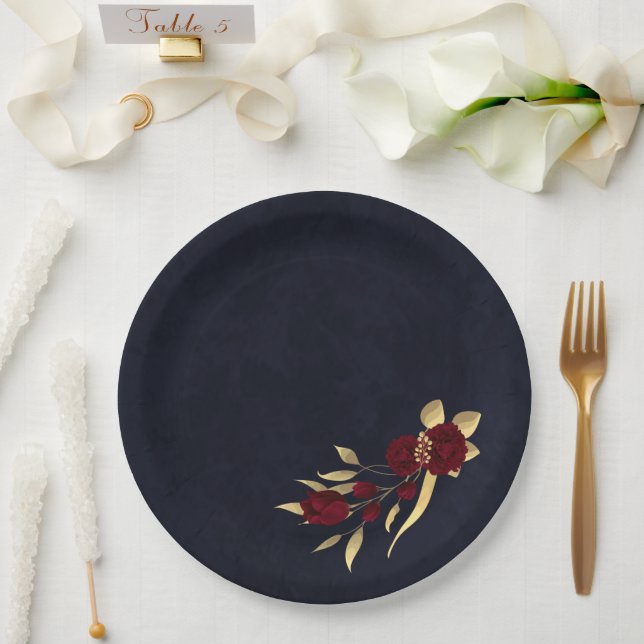 Assiettes En Carton Chic bordeaux et or bleu marine (Mariage)