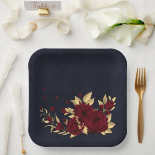 Assiettes En Carton Chic bordeaux et or bleu marine