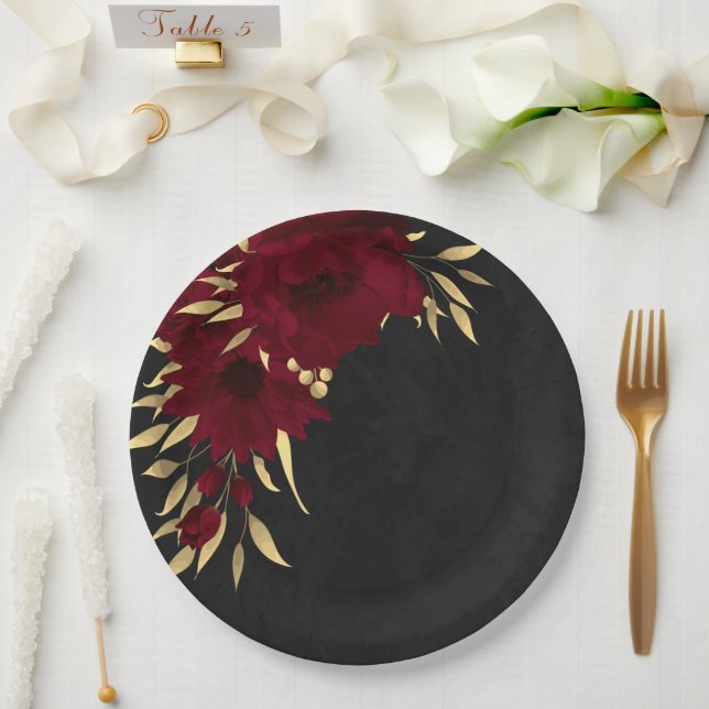 Assiettes En Carton Chic bordeaux et or noir (Mariage)