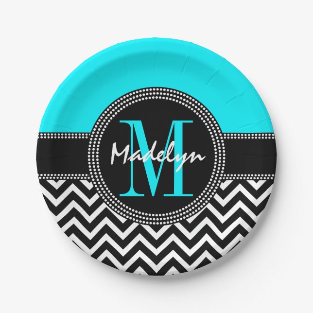 Assiettes En Carton Chic Chevron Bright Aqua Anniversaire Monogramme (Devant)