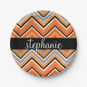 Assiettes En Carton Chic Chevron Motif noir gris orange avec nom