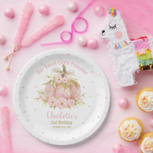 Assiettes En Carton Chic Citrouille rose 1er anniversaire Floral Girl