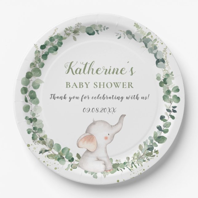 Assiettes En Carton Chic Elephant Green Baby shower neutre genre  (Devant)