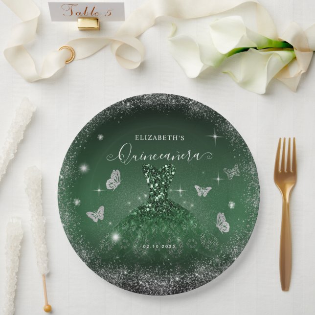 Assiettes En Carton Chic Emerald Green Parties scintillant Argent Gown (Mariage)