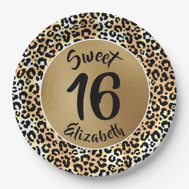 Assiettes En Carton Chic Empreinte de léopard Sweet 16 Anniversaire (Devant)