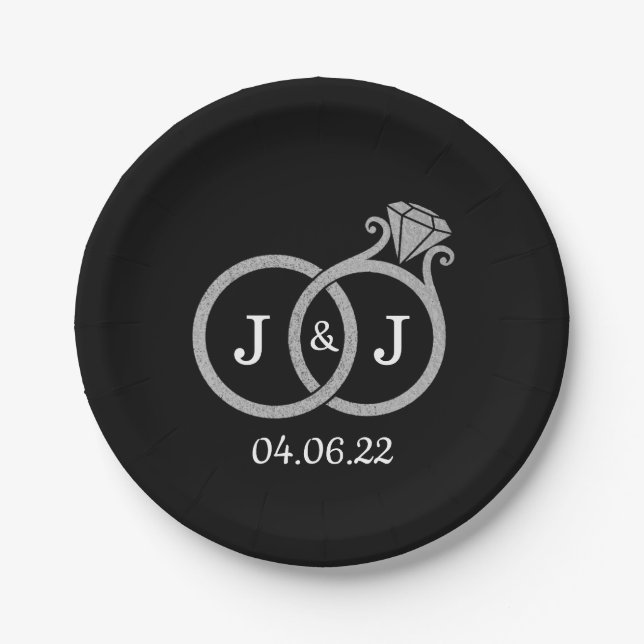 Assiettes En Carton Chic Faux Argent Huile Monogramme Mariage Cercles (Devant)