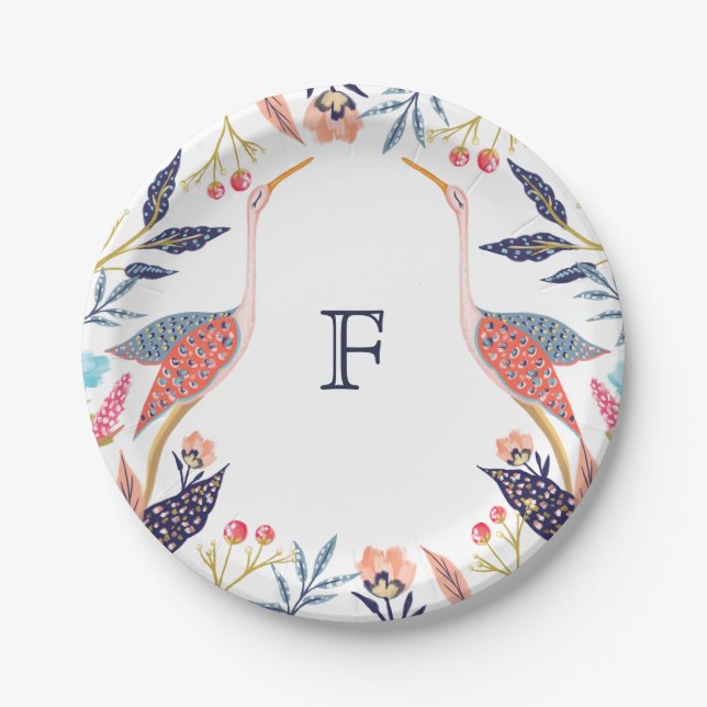 Assiettes En Carton Chic Floral Botanique Monogram Baby shower Stork (Devant)