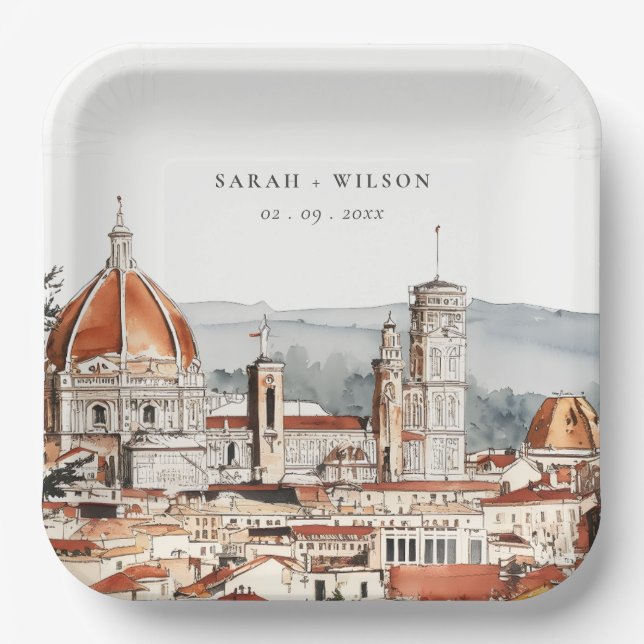 Assiettes En Carton Chic Florence Cathédrale Italie Aquarelle Mariage (Recto)