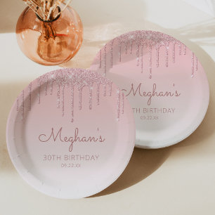 Assiettes En Carton Chic Glitter Drip Fête d'anniversaire 30 ans Rose