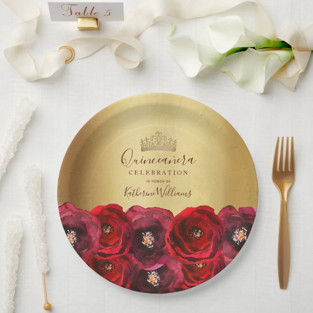 Assiettes En Carton Chic Gold Crown Red Rose Floral Quinceañera (Mariage)