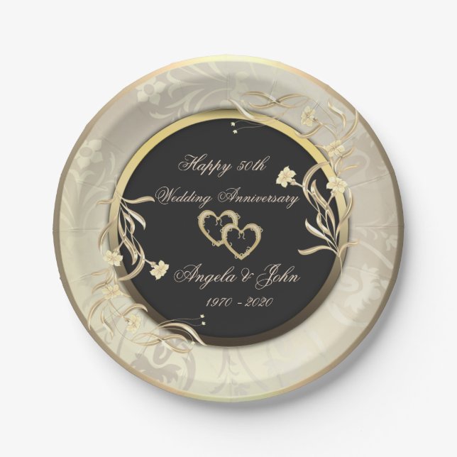 Assiettes En Carton Chic Gold Flowers Coeurs 50e anniversaire Mariage (Devant)