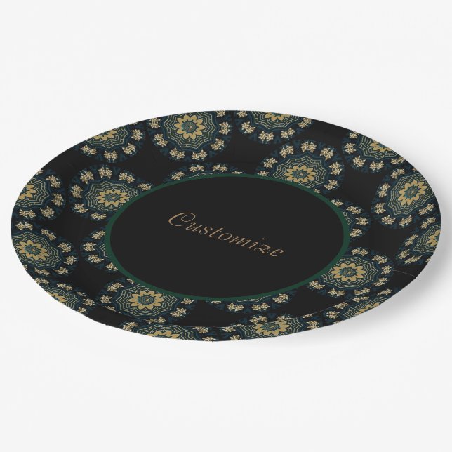 Assiettes En Carton Chic Gold & Green Asian Style Motif (Angle)