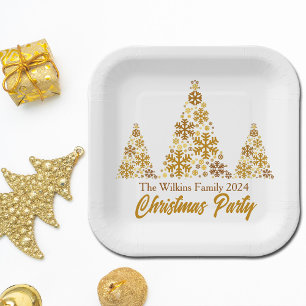 Assiettes En Carton Chic Gold Snowflakes fête de Noël personnalisée