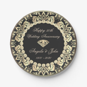 Assiettes En Carton Chic Gold Swirls Diamonds 50e anniversaire Mariage