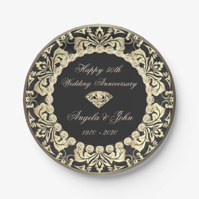 Assiettes En Carton Chic Gold Swirls Diamonds 50e anniversaire Mariage (Devant)