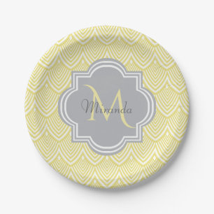 Assiettes En Carton Chic Jaune Art Déco Scallops Grey Monogramme Nom