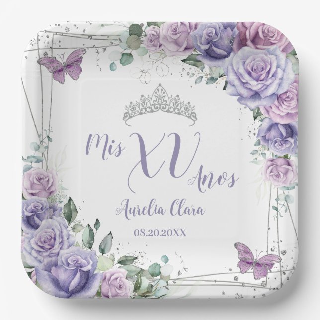 Assiettes En Carton Chic lilas violets papillons Quinceañera  (Recto)