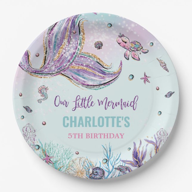 Assiettes En Carton Chic Mermaid Queue sous la mer fille anniversaire (Devant)