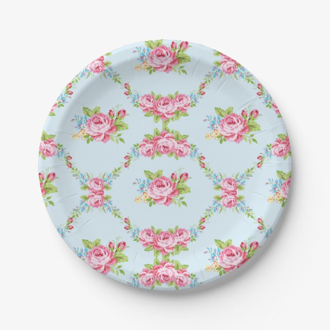 Assiettes En Carton Chic minable, bleu layette, roses rouges, (Devant)