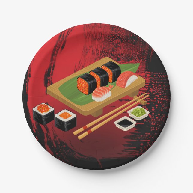 Assiettes En Carton Chic Modern Elegant Black & Red Sushi Party Event (Devant)