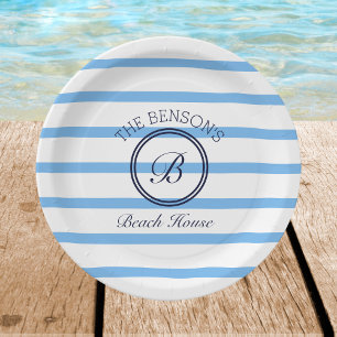 Assiettes En Carton Chic Monogram Blue Stripes Family Beach House