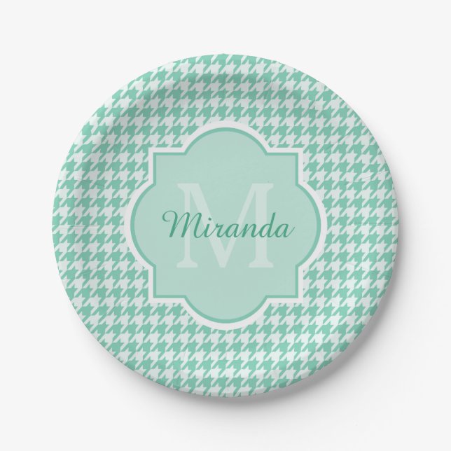 Assiettes En Carton Chic Monogram Mint Green Houndstooth Avec Nom (Devant)