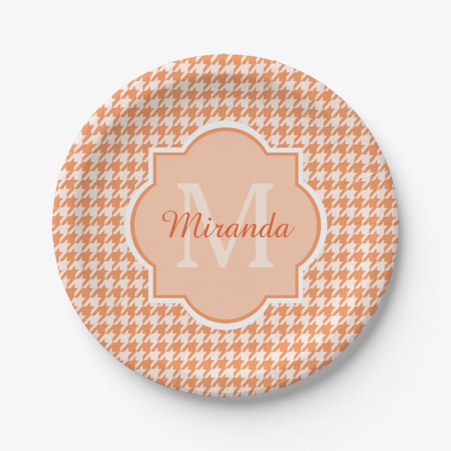 Assiettes En Carton Chic Monogram Orange Houndstooth Avec Nom (Devant)