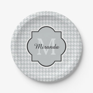 Assiettes En Carton Chic Monogramme Gris Doux Houndstooth Avec Nom
