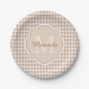 Assiettes En Carton Chic Monogramme Houndstooth Brown Avec Nom