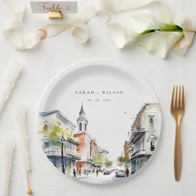 Assiettes En Carton Chic New Orleans Louisiana Mariage aquarelle (Mariage)