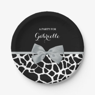 Assiettes En Carton Chic noir et blanc Giraffe Imprimer Argent Gris Bo