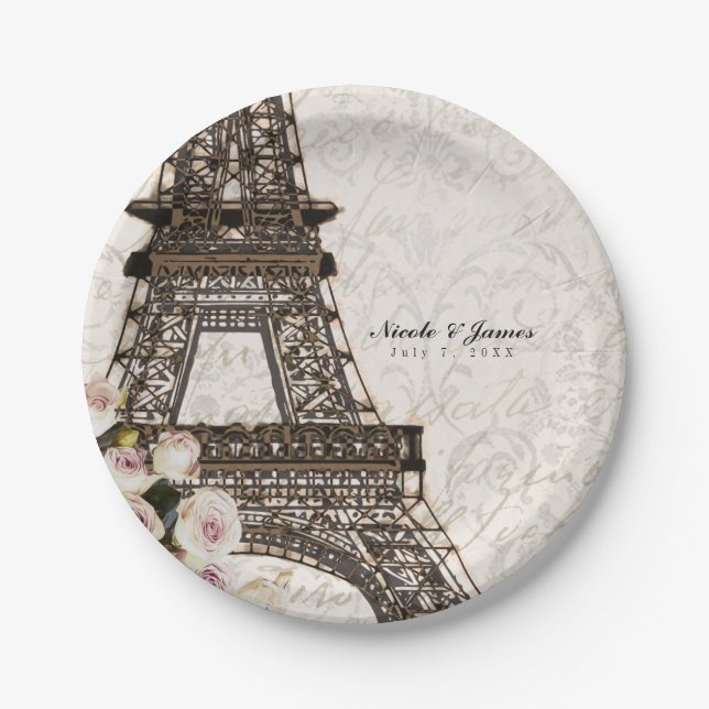 Assiettes En Carton Chic Paris Tour Eiffel & Rose Elegance Party (Devant)