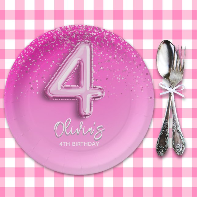 Assiettes En Carton Chic Pink Glitter Balloon 4th Birthday Party  (Créateur téléchargé)