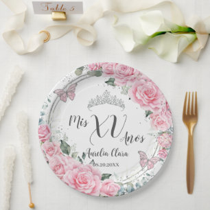 Assiettes En Carton Chic Rose Floral Papillons Argent Quinceañera XV