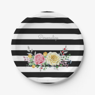 Assiettes En Carton Chic Rose Floral tendance rayures noires et nom
