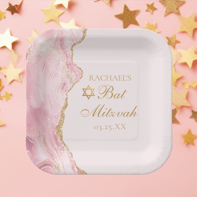 Assiettes En Carton Chic Rose Gold Agate Bat mitzvah Party Personnalis (Créateur téléchargé)